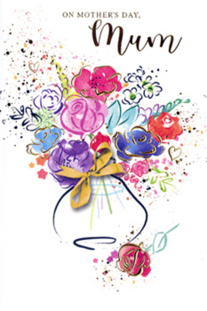 The Mother's Day card presents a spirited watercolour bouquet that looks as though it has been captured mid-bloom, inspired by everyday beauty around Tolworth's homes and gardens. Central blossoms in saturated cerise, hot pink, and raspberry tones unfurl in broad, fluid strokes, their rounded shapes brought into focus by precise lines of deep indigo tracing along edges and folds. These darker contours create a pleasing contrast against the softly blended interiors of each petal, where pigment pools and fades in organic patterns, mirroring the natural variation in real flowers. Around them, cooler notes of lavender, blue, and fresh green mingle with touches of apricot and soft yellow, evoking a mixed bunch of garden favourites gathered without rigidity but with a florist's instinct for balance. Elegant glints of metallic gold trace some petals and leaves, adding a gentle luminosity that recalls late-afternoon light glancing across shopfronts on Tolworth Broadway. Flicks of paint and small painted hearts are scattered around the bouquet, giving the impression of petals drifting on a breeze or confetti tossed in quiet festivity. The arrangement emerges from a simply drawn vase suggested by curved indigo lines, its presence reinforced by a slender golden bow at the base, suggesting the familiar gesture of tying off the finishing ribbon. The white background is left open and uncluttered, allowing the bouquet's colours and shapes to stand out clearly. This card feels like a visual poem of gratitude, echoing the thoughtful care of a local florist in Tolworth translating love, appreciation, and shared memories into an artful, paper-bound bouquet.