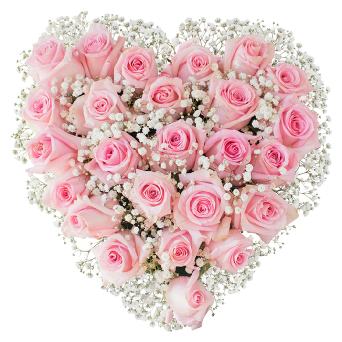 Filling the visual field with soft, pastoral pinks, this heart-shaped floral composition is made almost entirely of closely packed, pastel roses and a generous scattering of fine white baby's breath. Each rose contributes to the tapestry: some are compact, tender buds with tight petals, while neighboring blooms open to reveal layered spirals and velvety interiors, showing a delicate spectrum that moves from faint blush to a warmer rose tone. The gypsophila threads through the arrangement in feathery clusters, casting tiny pinpoints of white that catch the light and create an ethereal, cloud-like texture against the smoother rose faces. The overall shape is crisply defined and intentionally symmetrical, the result of deliberate, balanced placement and a steady florist's hand; the white background isolates the heart, allowing every nuance of colour and shadow to be appreciated. The lighting is bright and neutral, accentuating petal translucence and the subtle differences in bloom stage so the viewer can sense volume and depth as though leaning in. Emotionally, the bouquet reads as a tender, heartfelt message - a classic emblem of romance, appreciation, or solemn remembrance - suitable for Valentine's Day, anniversaries, weddings, or quiet acts of sympathy. As a local composition often requested in and around Tolworth, Kingston, and nearby Surbiton, it carries the calm assurance of neighbourhood craftsmanship: fresh, thoughtfully composed, and intended to convey deep feeling with understated elegance and refined simplicity.