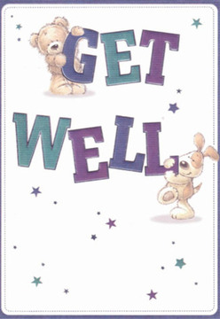 This enchanting get well card sparkles with joyful comfort, picturing a cuddly teddy bear and a lively, velvety-eared pup set against a crisp white backdrop. The bear, softly shaded in caramel tones, embraces the top of 'GET,' while the puppy nuzzles up to 'WELL,' their poses radiating affection and hope. Starbursts of teal, indigo, and regal purple scatter energetically above and around them, reminding one of mornings spent beneath Tolworth's open sky or the simple pleasures found at the local Surbiton Farmers' Market. The bold, rounded script in purples and aquas feels both modern and soothing, much like a fresh floral arrangement delivered by a trusted local florist. The art's playful animation and tender craftsmanship evoke a sense of nurturing, making the scene ideal for sharing heartfelt get well wishes with neighbours and friends nearby. Every brushstroke-fur tuft and star point alike-captures the spirit of community support, offering light and encouragement in every detail, as is the tradition in Tolworth.